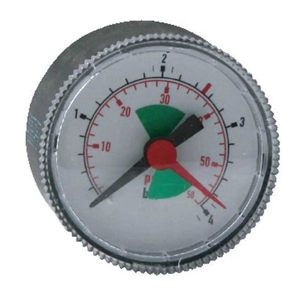 Syr-Manometer mit skaliertem Ziffernblatt, zeigt Druckwerte von 0 bis 4 bar an, mit rot und grün markierten Bereichen zur Druckanzeige.